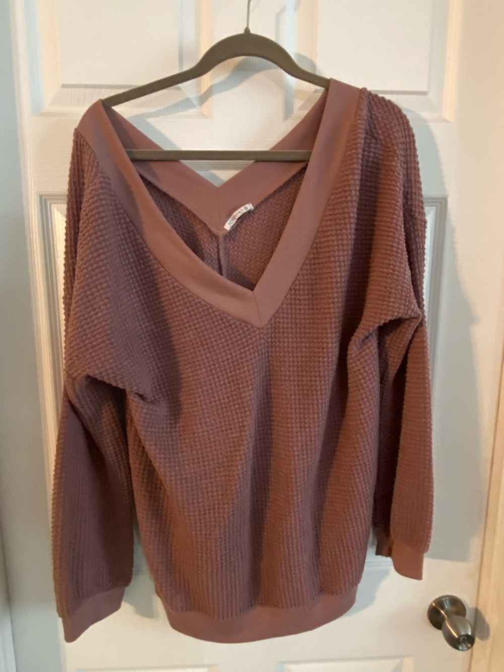 Waffle V-Neck Sweater in Dusty Mauve - Women's Relaxed Fit